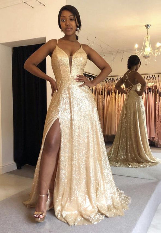 Gold sequins long prom dress A line evening dress,   cg14079