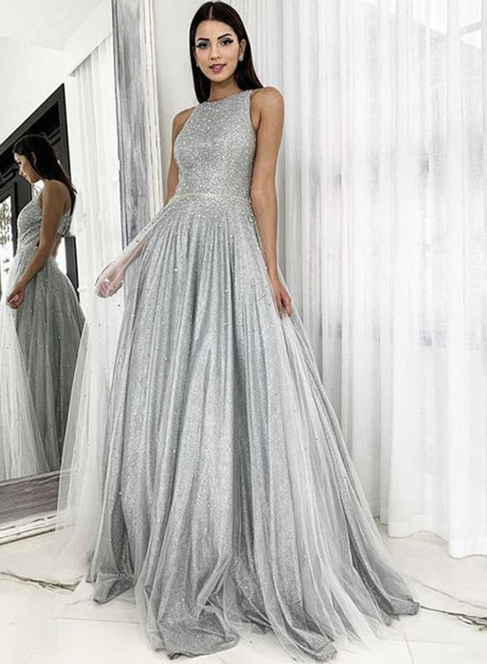 Silver tulle sequins long prom dress evening dress   cg14083