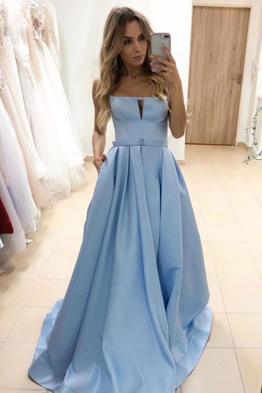 Simple blue satin long prom dress blue long evening dress   cg14125