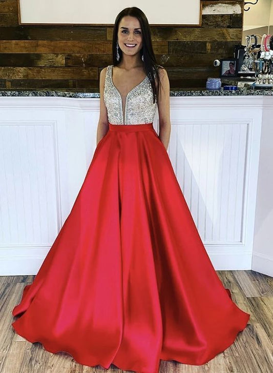 Red v neckline satin long prom dress with beaded bodice formal dress   cg14129