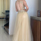A Line Round Neck Open Back Champagne Lace Long Prom Dress   cg14134
