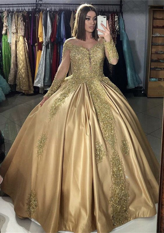 Gold Quinceanera Dresses Long Sleeves long prom dress   cg14144