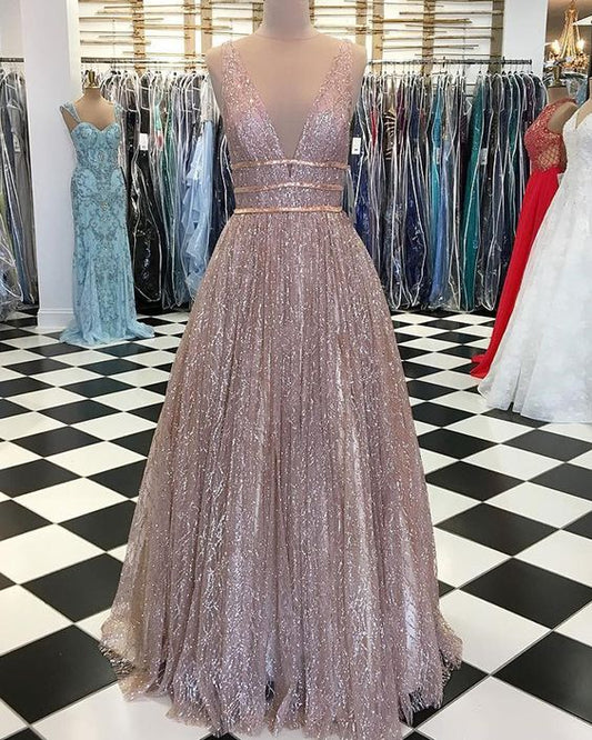 Deep V-neck Sparkle Sequin Pleated Long Prom Dress   cg14150