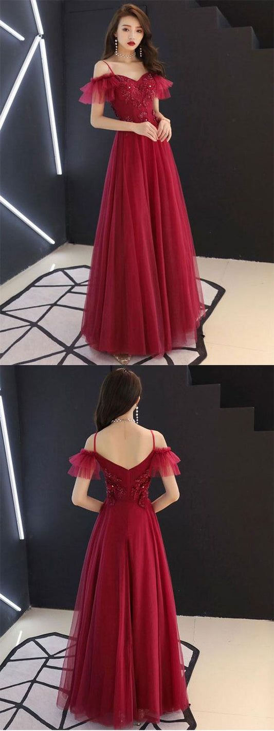 Simple burgundy tulle lace long prom dress lace formal dress   cg14152