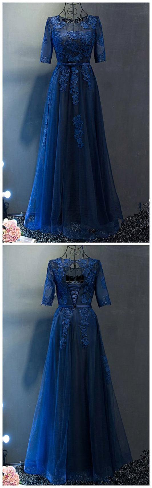 Navy Blue tulle see-through short sleeves lace applique long prom dress  cg14172