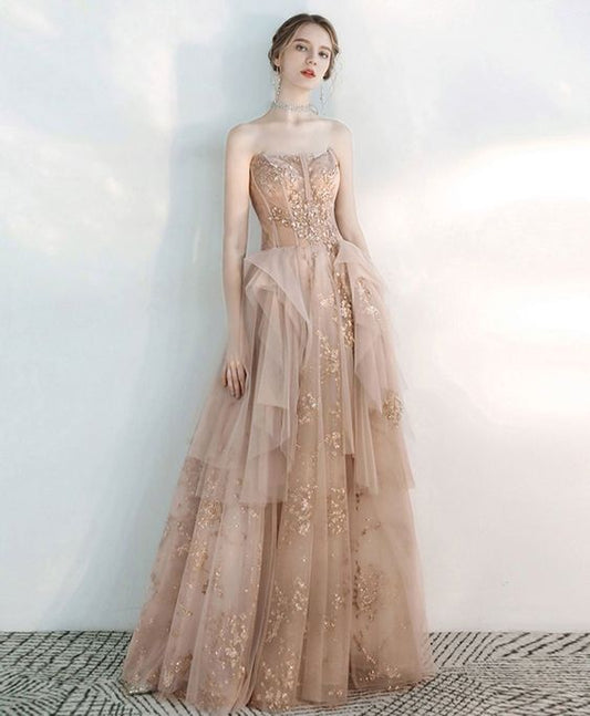 Champagne sweetheart tulle lace long prom dress   cg14207