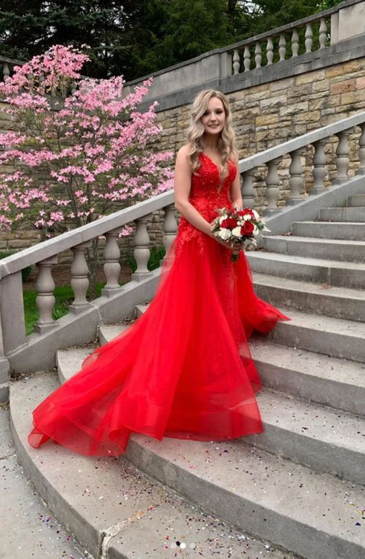 Red v neck tulle lace long prom dress red lace long evening dress   cg14236