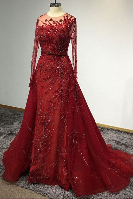 Unique Red Tulle Beaded Long Mermaid Chapel Train Prom Dress, Formal Dress   cg14264