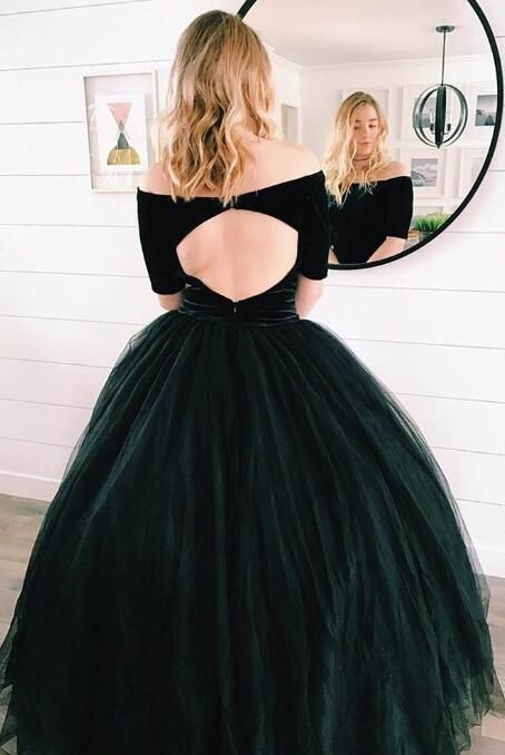 Princess black ball gown, black long prom dress with off the shoulder, open back ball gown, sweet 16 dress   cg14271