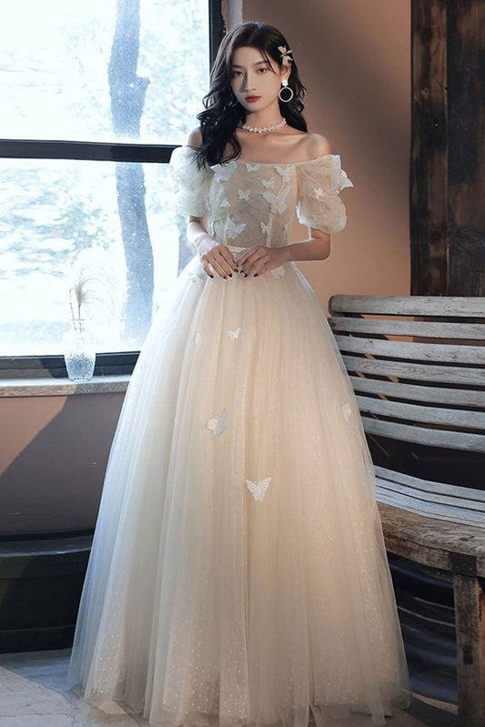 CHAMPAGNE TULLE APPLIQUE LONG PROM DRESS TULLE FORMAL DRES   cg14301