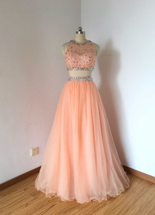 Beaded Two Piece Tulle Long Prom Dress cg14309