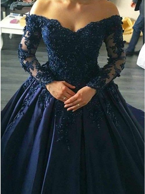 Navy Blue Lace Appliques Long Sleeves Ball Gowns Wedding Dresses Off Shoulder  cg1431