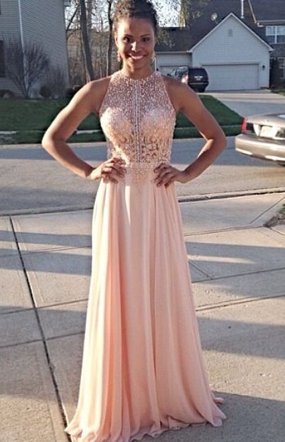 Bodice chiffon pink long prom dress    cg14310