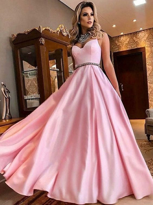 Sweetheart Spaghetti Straps Pink Satin Long Prom Dresses with Beading, Elegant Formal Evening Dresses   cg14325
