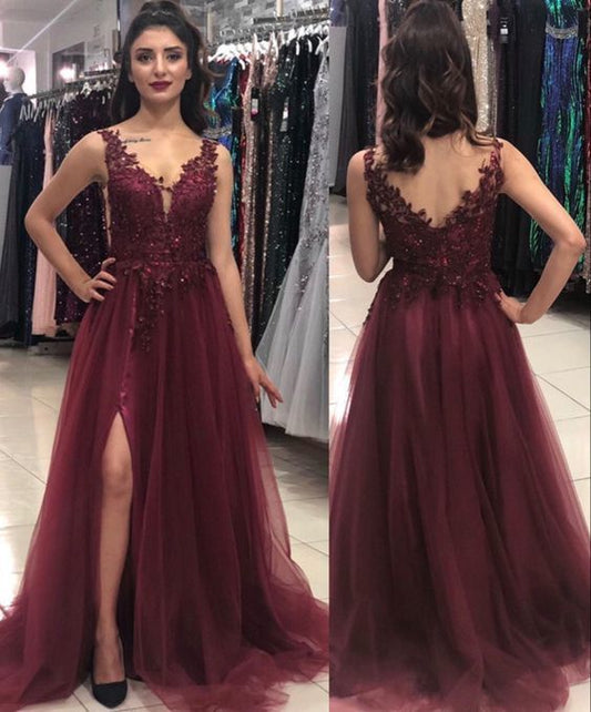 Elegant Tulle Prom Dresses leg split evening gown lace embroidery    cg14459