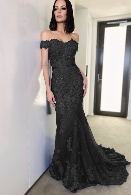 Elegant Lace Off The Shoulder Prom Dresses Black Mermaid Evening Gown   cg14460