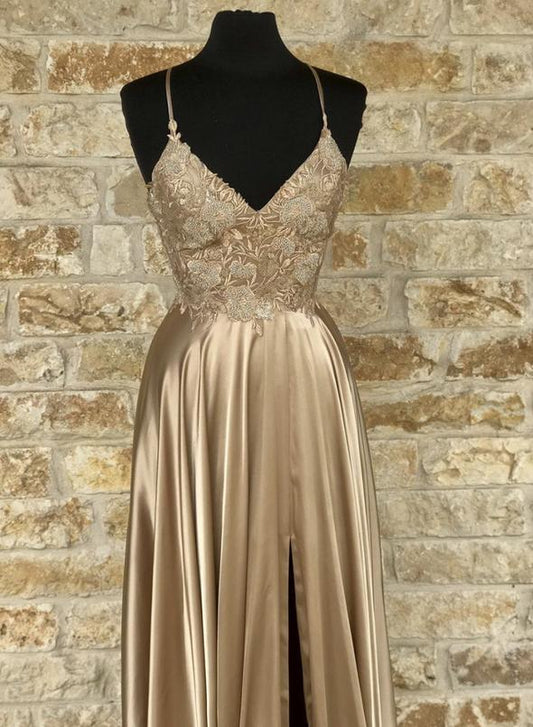 Gold v neck lace long prom dress evening dress   cg14464
