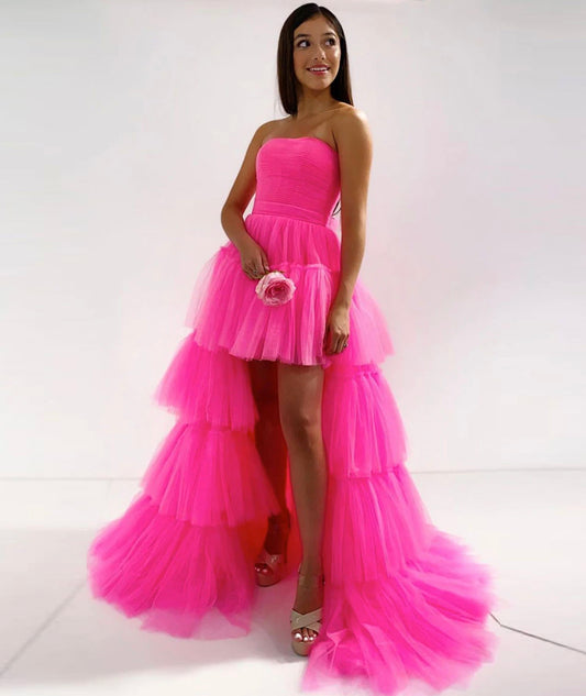 PINK TULLE LONG PROM DRESS HIGH LOW EVENING DRESS   cg14469