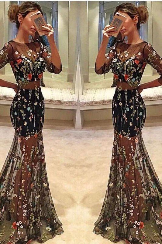 Black Lace With Embroidery Mermaid Bateau prom dress    cg14480
