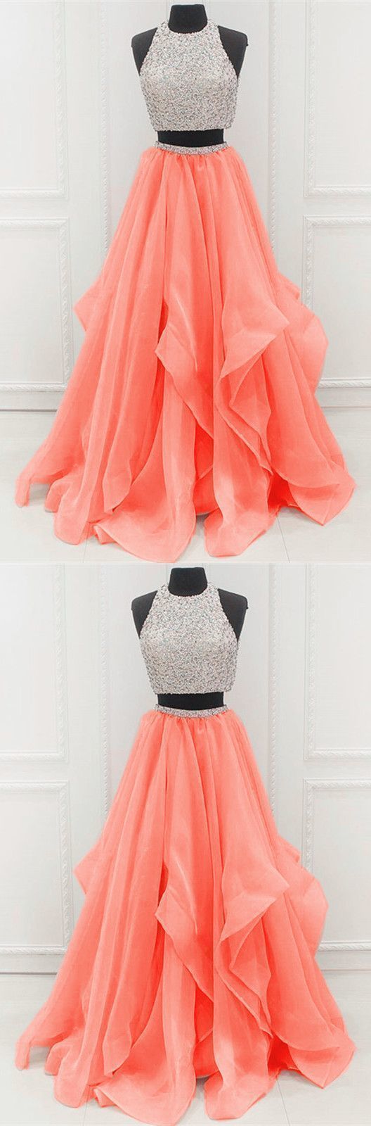 Two piece a line beaded tulle Unique Prom Dresses   cg14499