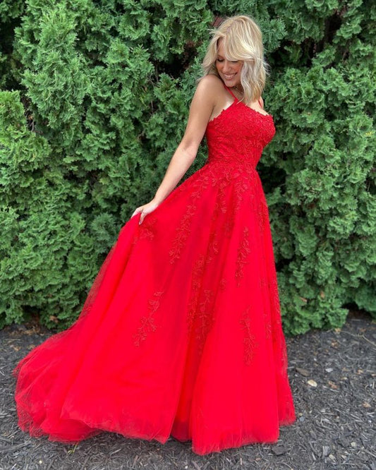 Red Prom Dress,A-Line Prom Gown,Appliques Evening Dress,Tulle Prom Gown   cg14531