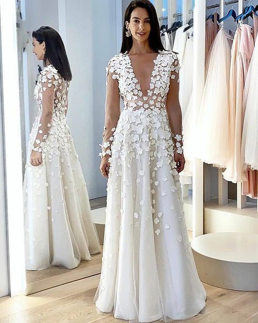 Jewel Neck White Long Sleeve A-line Prom Dress   cg14551