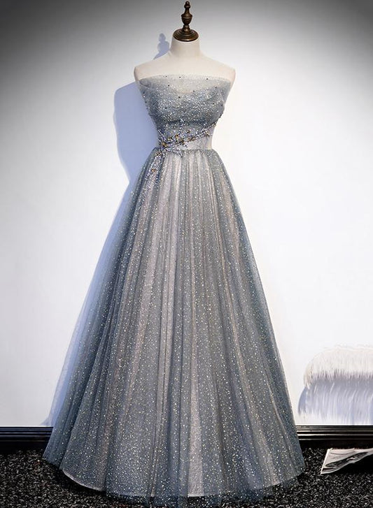 Gray tulle beads long prom dress evening dress   cg14562