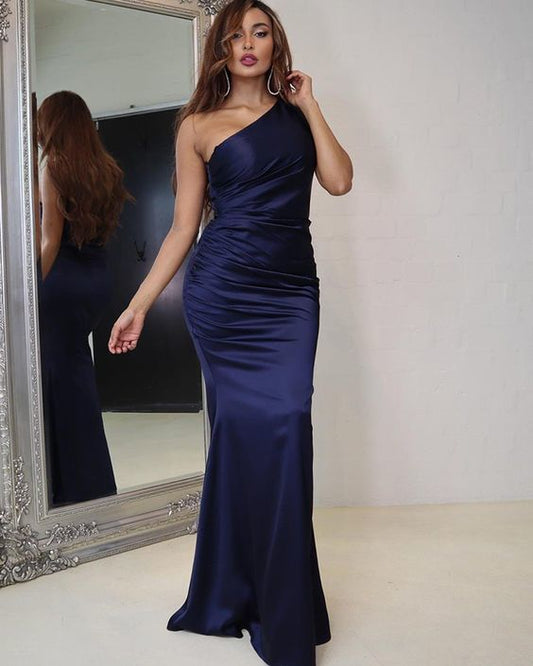 Simple Navy Blue Ruched Satin One Shoulder Prom Dress   cg13568