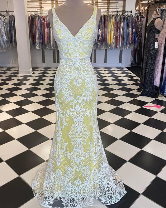 V-neck White & Yellow Lace Mermaid Prom Dress   cg13576