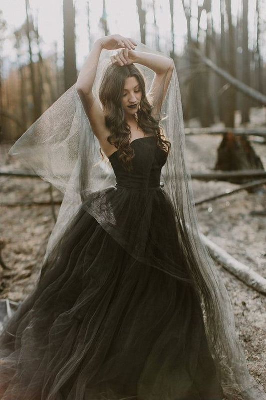 Black Tulle Long Prom Dress, Strapless Prom Dress   cg13578