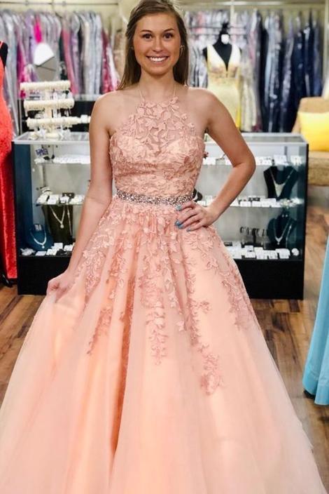 halter pink tulle long prom dress with lace appliques   cg13579
