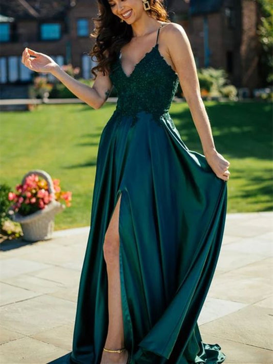 A Line V Neck Dark Green Lace Top Long Prom Dresses with Slit, Dark Green Lace Formal Graduation Evening Dresses   cg14605