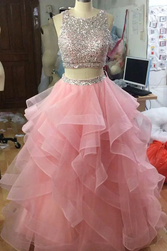 Jewel Neck Pink Party Dresses Sequins and Beaded 2 Pieces Prom Dresses Ruffle and Tiered Tulle Affordable Evening Dresses   cg14625