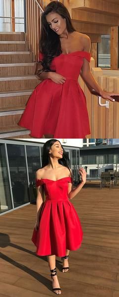 Simple A-Line Off Shoulder Red Satin Cheap Homecoming Dresses cg1469