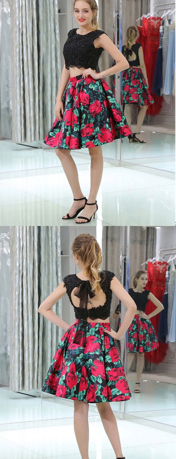 Two Piece Black Lace Floral Prints Open Back Homecoming Dresses cg1483