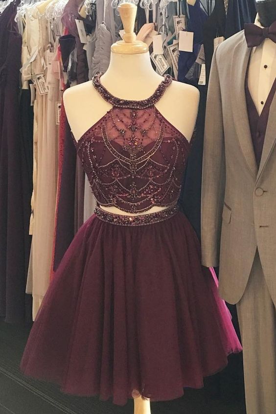 Halter Two Piece Burgundy Homecoming Dresses, Beaded Homecoming Dresses Party Dresses cg1484