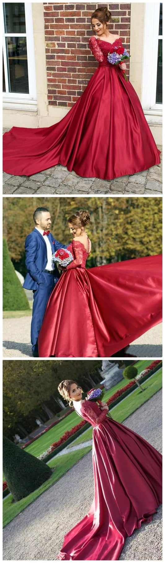 CHIC A-LINE SCOOP LONG SLEEVE LACE PROM DRESS BURGUNDY SATIN FORMAL DRESS EVENING GOWNS   cg14865