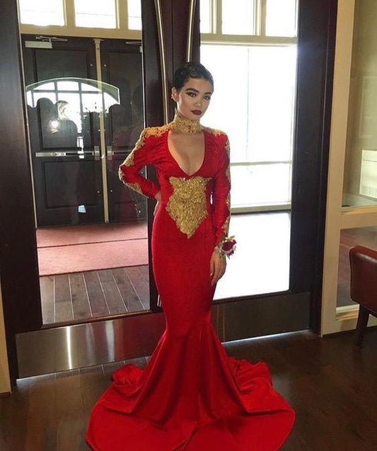 Red Mermaid Prom Dress With Gold Lace   cg15230