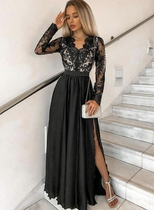 Black v neck lace long prom dress evening dress   cg15252