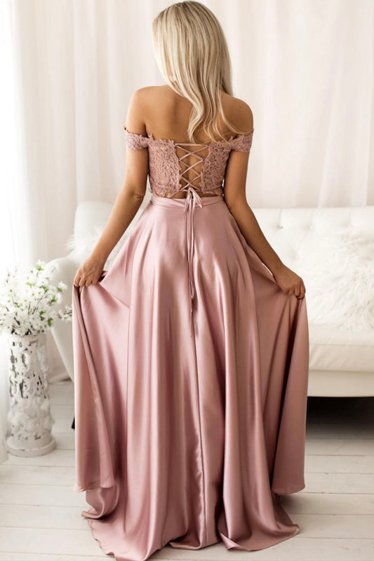 PINK LACE LONG PROM DRESS TWO PIECES EVENING DRESS   cg15253