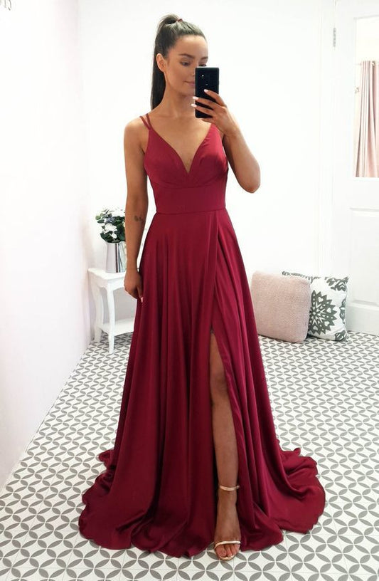 A-line V Neck Long Prom Dress, Straps Prom Dress With Split   cg15359