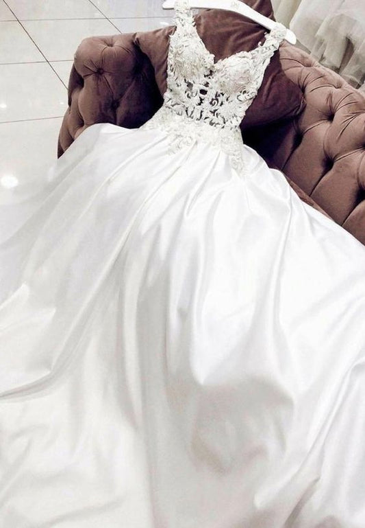 White satin lace long prom dress, wedding dress   cg15394