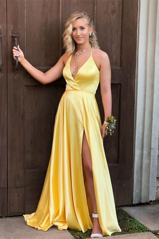 Sexy Halter Yellow Long Prom Dress    cg15406