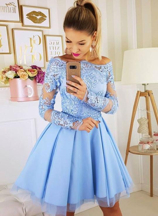 Cute blue tulle lace short dress, homecoming dress cg1553