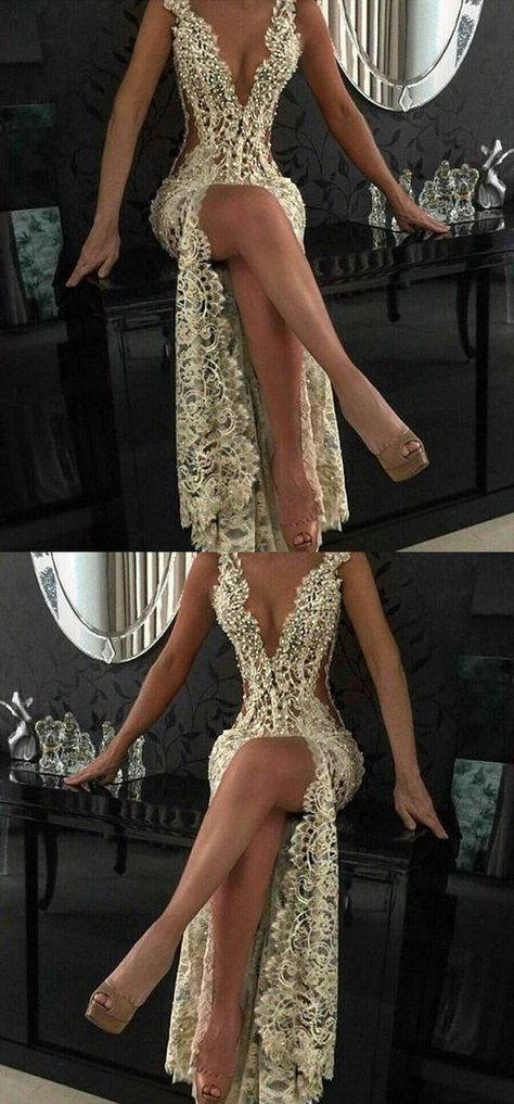 Custom Charming Gold Beading Lace Prom Dress,Sexy Deep V-Neck Evening Dress  cg1568