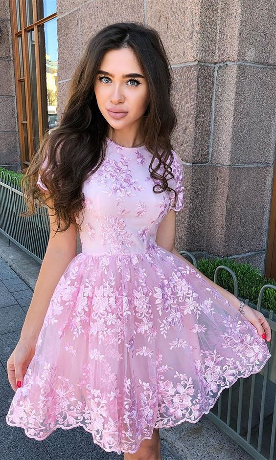 A-Line Crew Short Sleeves Short Pink Homecoming Dress with Appliques cg1579