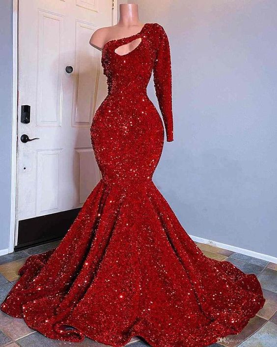 Red Sequined Black Girls Mermaid Prom Dresses 2021 Plus Size One Shoulder Long Sleeve Sequined Keyhole Prom Gowns   cg15792