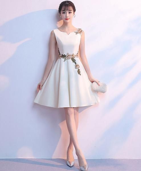 Simple white satin applique short dress, cute homecoming dress cg1584