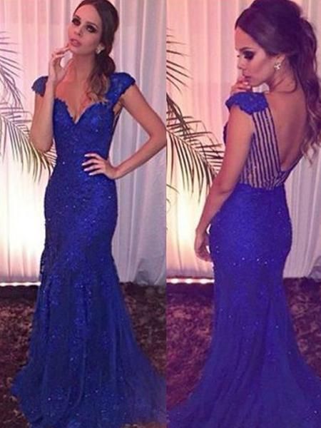 Royal Blue Mermaid Cap Sleeves V-Neck Sexy Evening Party Dress prom dress   cg15960