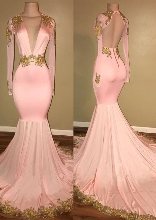 Pink V Neck Long Sleeves Mermaid Prom Dresses Affordable Evening Dresses   cg15969